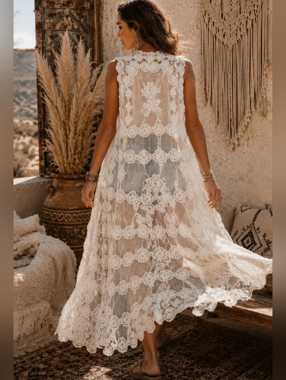 NWT Rachel Zoe Boho White Lace Crochet Duster Vest - Women's One Size - Picture 2 of 10